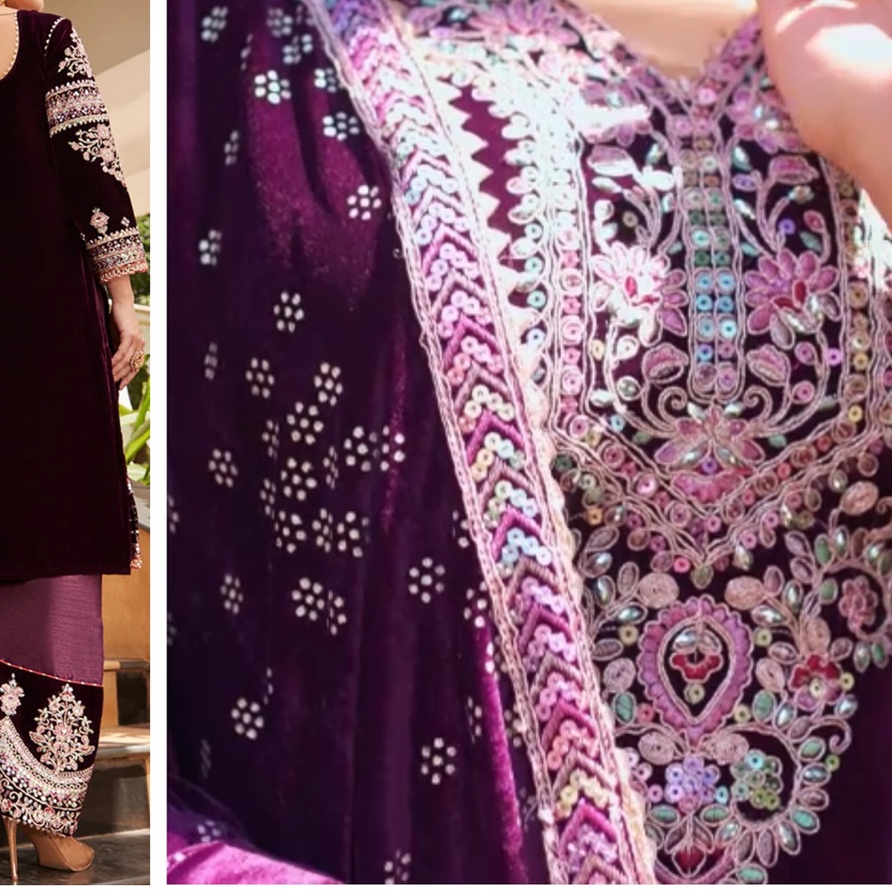 Indian / Pakistani Deep Purple Heavy Embroidered Velvet Palazzo Suit - Picture 8 of 9